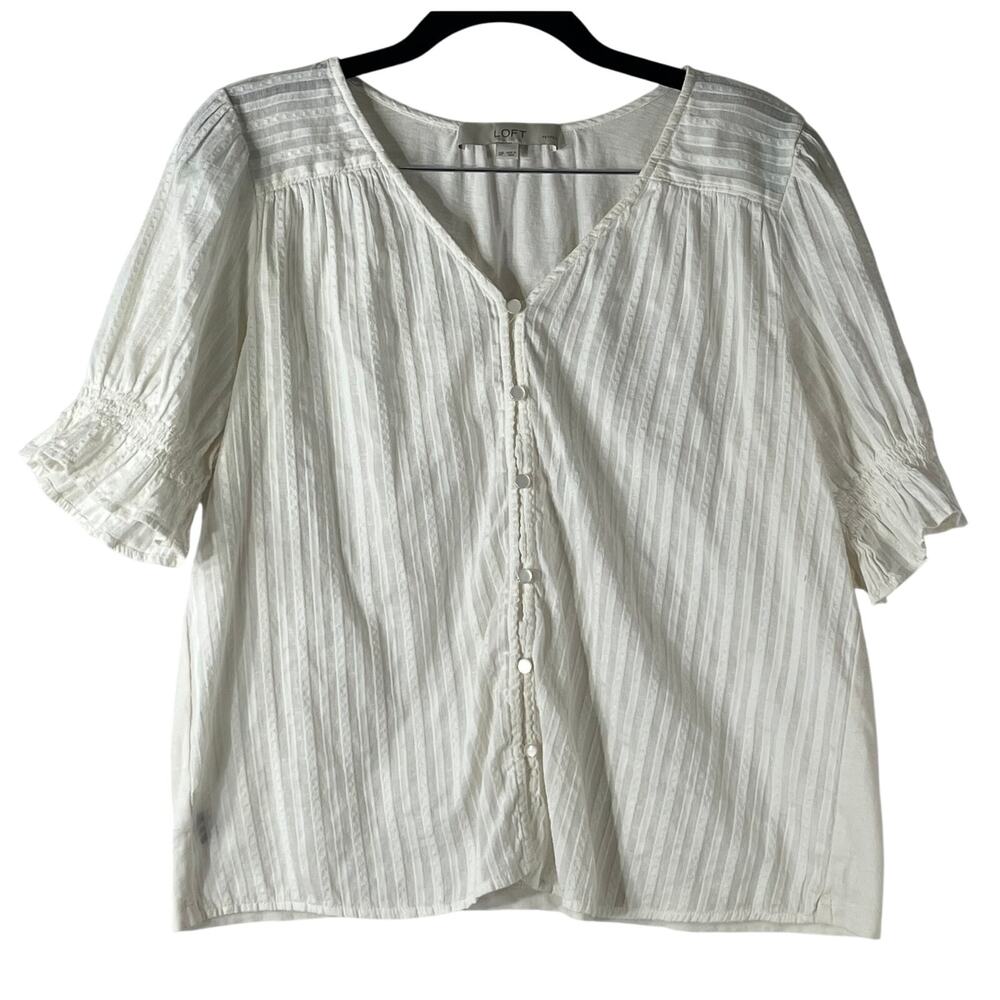 LOFT Petites Cream V Neck Puff Sleeve Blouse Size SP